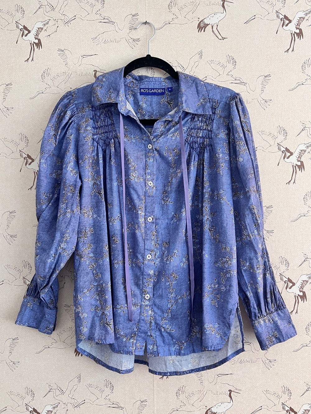 Ro’s Garden blue bohemian floral smocked long sleeve blouse button front